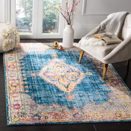 Safavieh trendig ny övergångs inomhus vävd rektangel områdesmatta, Bristol kollektion, BTL348, i blått/elfenben, 155 x 229 cm för vardagsrum, sovrum eller valfritt inomhusutrymme 889048397644