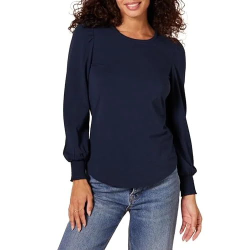 Amazon Essentials dam långärmad rund hals smockad manschett t shirt, marinblå, Large 195111708805