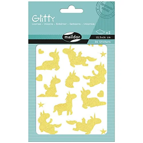 MAILDOR AE218C Sachet de 2 planches Gommettes Glitty Licorne jaune et rose brillantes pailletées Loisir créatif enfant Planche 10,5x16 cm 36 3609510912185