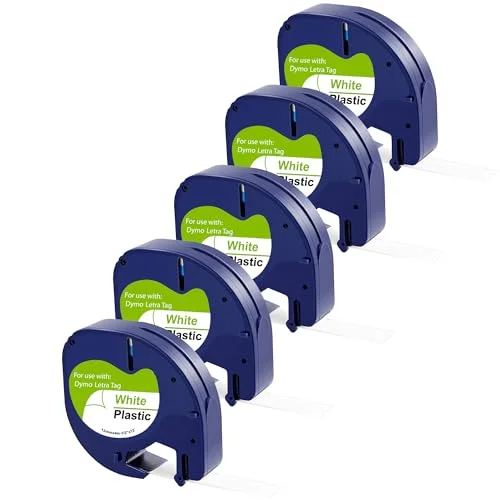 5 vita band för Dymo LetraTag LT 100H / Plus/LT 100T /LT Plus/2000/XM/XR/QX50 etikett, refill, 91201, 12 mm x 4 m, svart på vitt Phonillico® 3663364216059