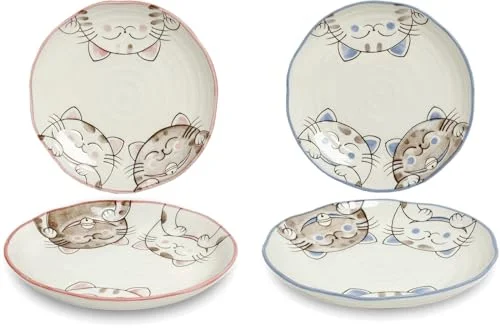 2 delat tallriksset katter Edo japan Ø 19,5 cm djupa tallrikar porslinstallrikar keramik stora mattallrikar frukosttallrikar japanska japansk servis set 8715226400900