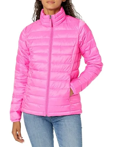 Amazon Essentials lättviktig långärmad vattentät packbar pufferjacka för kvinnor (finns i plusstorlek), neonrosa, liten 195111123509