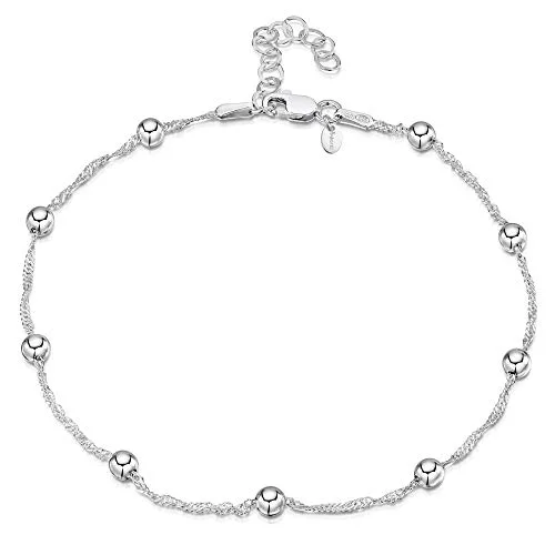 Amberta Kvinnor 925 Sterling Silver 1.4 mm Justerbar Fotlänk Singaporekedja med 4 Kulor Ankellänk 23 cm till 25 Flexibel Passform 5055806909083