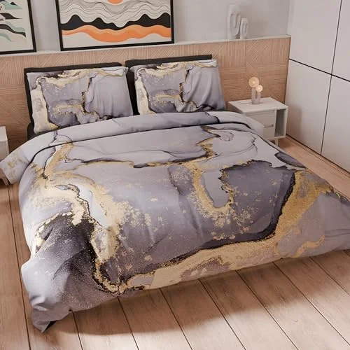 PETTI Artigiani Italiani Påslakan en och halv kvadrat 200x200 cm, Parure Mikrofiber Med Digitaltryck + 1 Örngott 50x80cm Tillverkad i Italien Marble Grigios 8056992319561