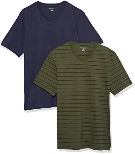 Amazon Essentials kortärmad v ringad t shirt för män (finns i stor och lång), 2 pack, marinblå/oliv/rand, 3X Large lång 196433600075