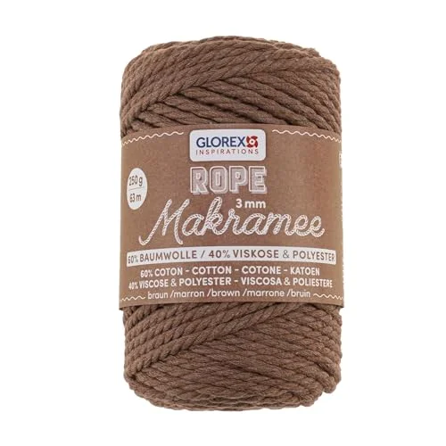 GLOREX 5 1007 31 makramérep 3 mm, 250 g, brun, längd 63 m, vridbart, supermjukt textilgarn av 60% bomull, 40% viskos, för virkning, stickning, knytning och textildesign 7610877599670