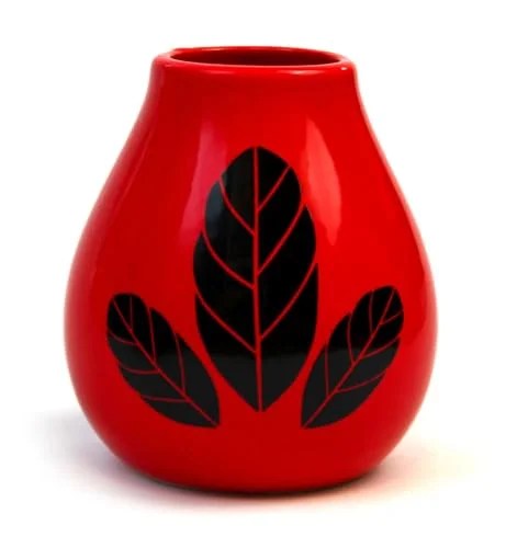 mate Green Yerba matta keramik kalebass Hoja röd kopp dekorerad med blad 350 ml 5906735489347