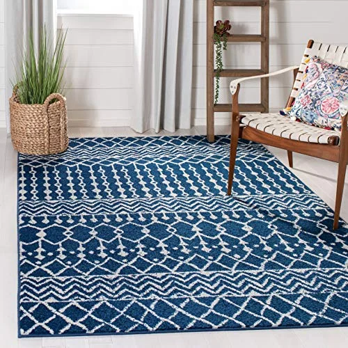 SAFAVIEH Boho chic matta för vardagsrum, matsal, sovrum Tulum kollektion, kort lugg, i marinblå och elfenben, 160 x 229 cm 889048764187