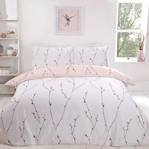 Sleepdown pilträ blommig rodnad rosa ultramjuk lättskött allergivänligt tryckt vitt vändbart påslakan täcke sängkläder set med örngott enkel (135 cm x 200 cm), polyester 5056242760801