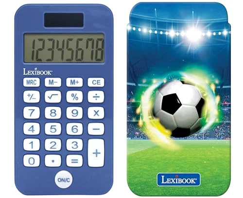 Lexibook, Fotbollsfickräknare med skyddshölje, konventionella och avancerade kalkylatorfunktioner, batteri soldriven, blå, C45FO 3380743103525