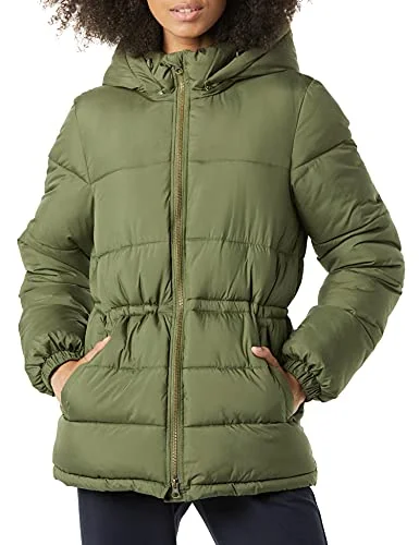 Amazon Essentials tung pufferjacka för kvinnor med dragsko i midjan, oliv, Small 195111526713