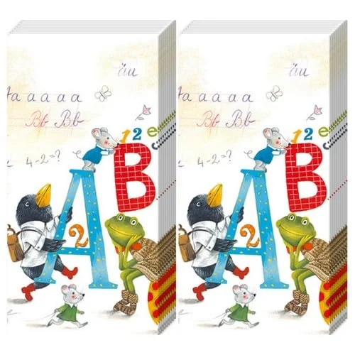 20 enskilda näsdukar barnmotiv djur på ABC. 2 förpackningar med 10 individuella pappersnäsdukar tryckta som present. 4251795695599