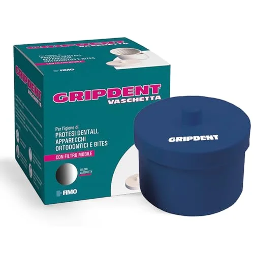 Gripdent Tandproteshållare behållare med mobilfilter för rengöring och hygien av tandproteser, Ortodontiska apparater Bites Blå 8028518001342