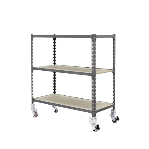 Simon Rack Förvaringshylla med Hjul och 3 Trähyllplan, 975x800x400 mm Garagehylla i Grå/Trä, 75 kg Belastning per Hyllplan Simonclick 8435104954348