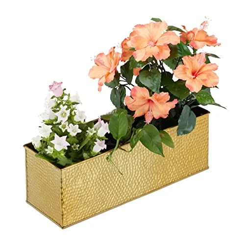 Relaxdays Blomlåda för inomhus, planteringskruka, metallkruka blomkrukor och örter, rektangulär blomkruka, guld, 13,50 x 40,00 12,50 cm 4052025924676