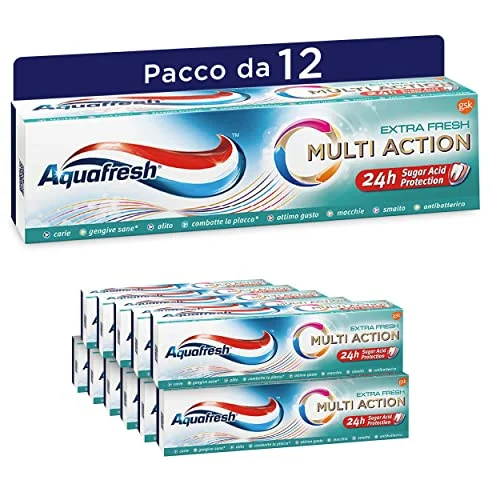 Aquafresh Multi Action Tandkräm, Kariesskydd, Friskt Tandkött, Frisk Andning, Stark Nagel, Mot Plack och Fläckar, Extra Fresh Paket med 12 x 75 ml 8016825691998