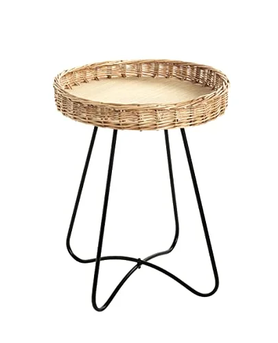 HAKU Möbel Sidobord naturell, svart, Metall, plywood, flätverk Storlek: H 51 cm x Ø 41 cm, Stil: Behemisk 4001070371874