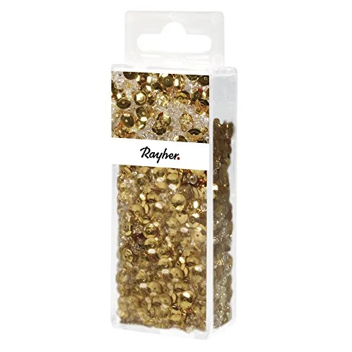 Rayher 14538616 Paljetter/glaspärlor, guld, 80 g och 50 m tråd 0,3 mm ø, pysselpärlor, rocailles, paljetter, vaxpärlor, trådtråd 4006166732386