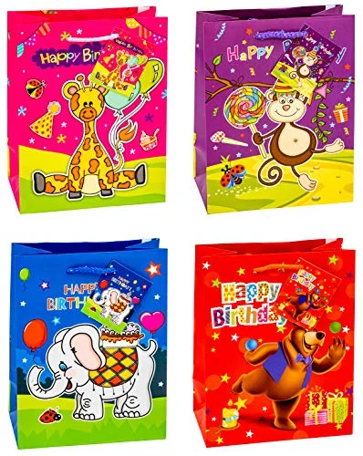 TSI presentpåsar Happy Birthday djur, 12 pack, storlek: medium (H x B D 23 18 10 cm), konst. Nr 87013 4022792970138