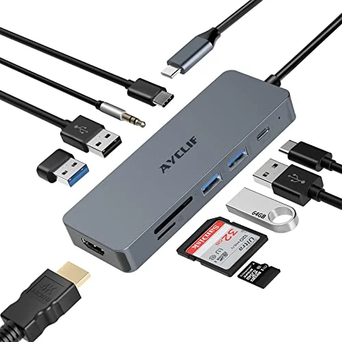 10 i 1 USB C adapter, AYCLIF hubb för MacBook Pro/Air iPad Pro, HDMI 4K dockningsstation Surface Pro 8, Dell, HP (PD 100 W, 3.0 TF) 784581899573