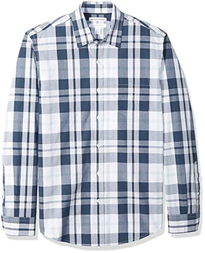 Amazon Essentials mäns Slim Fit långärmad poplin skjorta, marinblå vit stor pläd, Large 193548348458