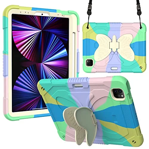 Kompatibel med iPad Mini 6 (2021), 3D Heavy Duty, Hard Rugged skyddsfodral, tecknad serie söta fjärilsvingar, stativ, stötsäkert silikonfodral stativ för barn (ljusgrön) 755985988996