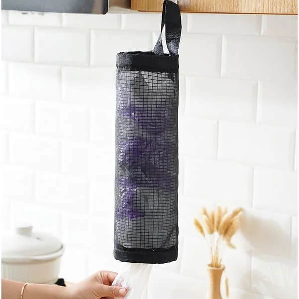 1 plastpåsehållare, shoppingpåsehållare, hängande förvaringspåse i mesh black Fy10-eB-YM0435