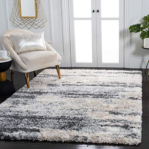 SAFAVIEH lurvig matta för vardagsrum, matsal, sovrum Fontana Shag kollektion, kort lugg, i grått och elfenben, 91 x 152 cm 195058129329