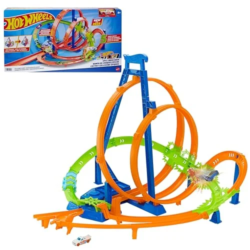 Hot Wheels banset, Epic Crash Dash med 5 kraschzoner, motordriven booster och 1 leksaksbil i skala 1:64, lätt att förvara, HTP55 194735195916