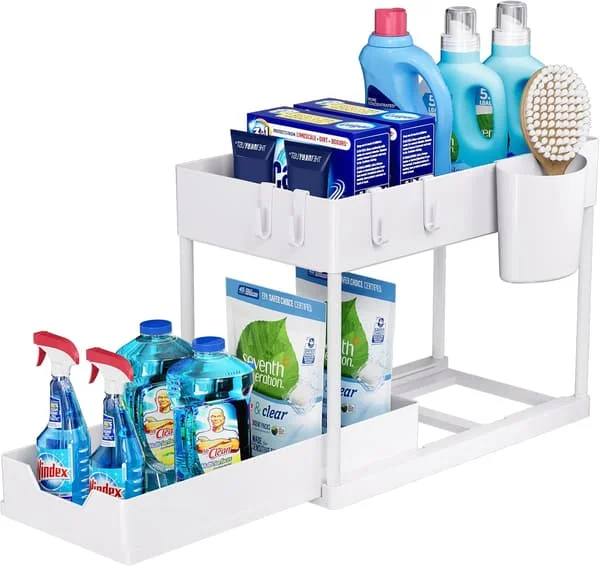 1-pack Köksförvaring under diskbänk, 2-våningshylla under diskbänk med utdragbar låda, mångsidig badrumsförvaring under diskbänk för Cou White-XF4- Z-FD-FF-A58847