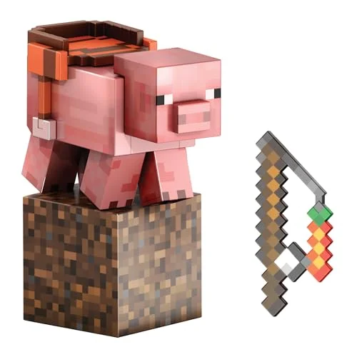 Mattel Minecraft Pig actionfigur på diamantnivå med 4 tillbehör, samlarfigur 14cm, pixlad design HTM04 194735193899