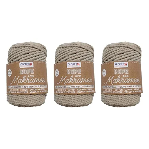 GLOREX 5 1007 51 Uppsättning av 3 makramérep 60% bomull och 40% viskos/polyester, 500 g vardera i duva, mm trippeltvinnat bomullsgarn 7610877599533