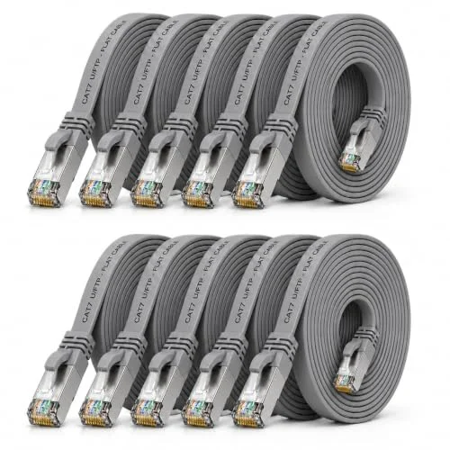 0,25 m grå 10 stycken CAT.7 Gigabit Ethernet LAN platt bandkabel (RJ45) nätverkskabel rå kabel (10Gbit / s) installationskabel tunn kompatibel med Cat.5 Cat.5e Cat.6 4251073628943