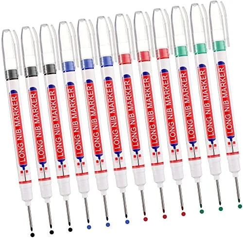 12pcs Deep Hole Marker Pennor Snickarpennor, 20 mm Extra Långa Fina Spetsar Permanenta Pennor, UNOLIGA Markeringsverktyg för Permanent Märkning av Svåråtkomliga Områden (Svart Blå Röd Grön) 797032755878