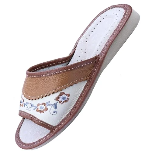 APREGGIO Damtofflor läder bekväma tofflor med gummisula handgjorda för hemmet ventilerande blommönster storlek 3641, BRUN, 40 EU 7626017796434