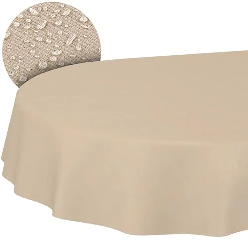 Tyg bordsduk textil bordslinne bomull polyester tvättbar vanlig prydnad damast jacquardtyg beige oval 180 x 140 cm skärkant 4059064852960