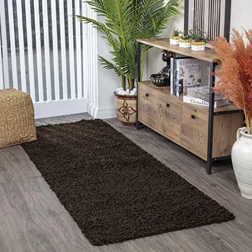 Surya Essentials lurvig matta moderna löparmattor, vardagsrum, matsal, mjuka lurviga mattor för sovrum abstrakt fluffig matta, lättskött plyschlugg stora mattlöpare 80 x 220 cm, brun 889292545105