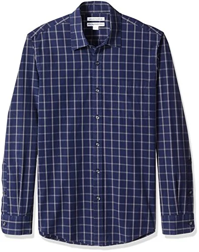 Amazon Essentials mäns Slim Fit långärmad poplin skjorta, marinblå fönsterruta, medium 191770245187