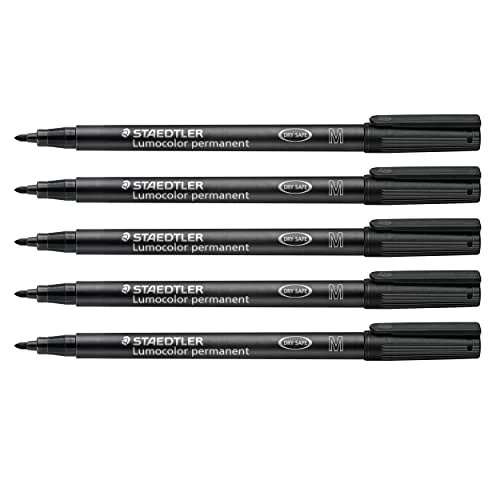 STAEDTLER Foliepenna Lumocolor permanent, torka och vattentät på nästan alla ytor, linjebredd M 1,0 mm, påfyllningsbar, lång livslängd, 5 svarta universalpennor, 3179 X 4007817106983
