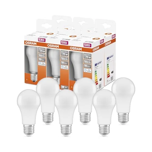 OSRAM LED stjärna Classic A75 lampa för E27 uttag, päronform, FR, 1055 Lumen, Daylight White (6500K), ersättning konventionella 75W glödlampor, inte dimbar, 6 pack 4099854023194
