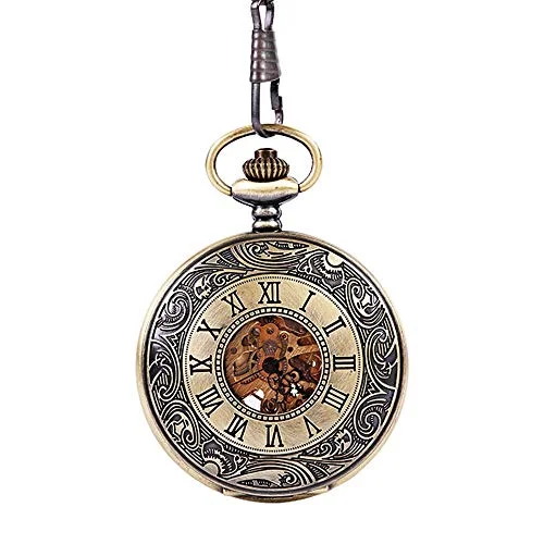 Avaner Silver steampunk antikt skelett hand vind mekaniskt fickur med romerskt nummer halv jägarfodral för män kvinnor, Z guld 6954847770197