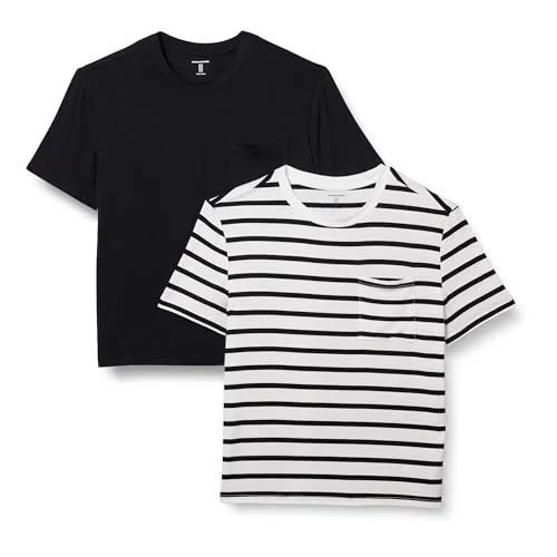Amazon Essentials dam jersey avslappnad passform kortärmad rund hals ficka t shirt, paket med 2, svart/vit fransk rand, liten 197153027722