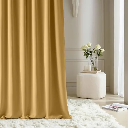 ROOM99 Gardin med veckband aura 180 x 250 cm bredd höjd, mörkläggning, glidande gardiner, dekoration, modern gardin, vardagsrum, sovrum, senap 5908224078148