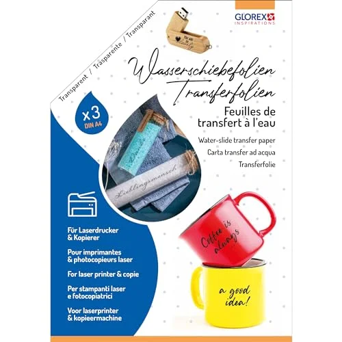 GLOREX 6 1241 700 vattenskjutfolie, 3 stycken överföringsfolie A4, dekoration av glas, keramik, ljus, metall, trä och plast, för laserskrivare kopiatorer 7610877600499