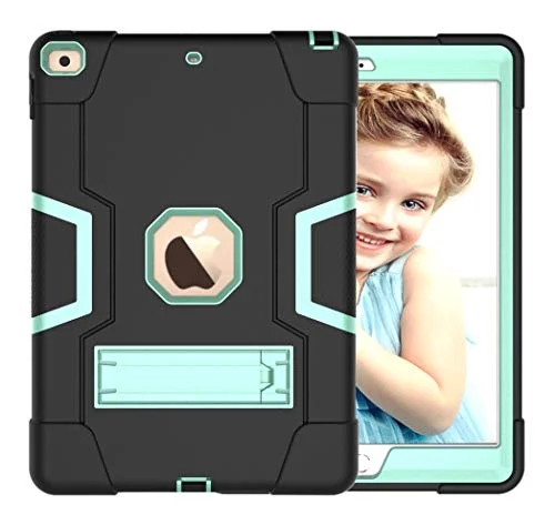 iPad 9,7 (2017/2018) 5:e/6:e generationen fodral med stativ, hållbar tung chockdoshybrid hård hybrid tre lager skyddande skydd surfplatta silikonfodral (svart + aqua 755985092198