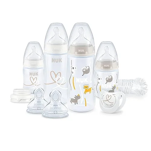 NUK Perfect Start First Choice+ set med nappflaskor 0 18 månader 4 temperaturkontroll, napp, flaskborste m.m. BPA fritt 10 delar safari (grå) 4008600405528