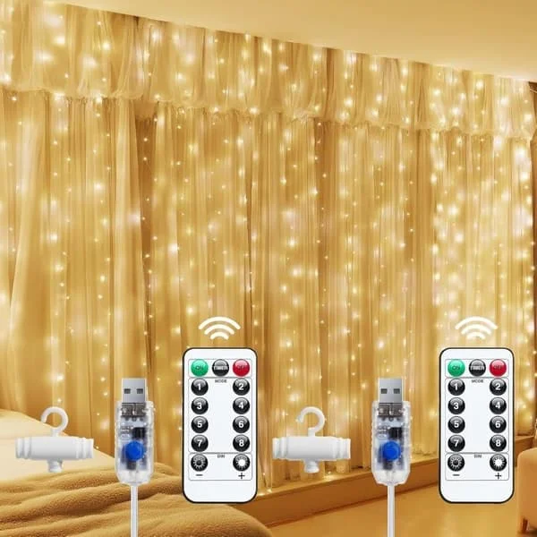 1/2-Pack Gardinljus – 3x3m Ljusslinga 300 LED Julbelysning, USB-driven med 8 Ljuslägen och Fjärrkontroll NACCD-2134