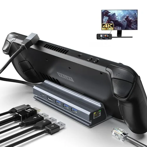 Qhou dockningsstation USB C, 6 i 1 med strömförsörjning, HDMI 2.0, 4K@60 Hz, Gigabit Ethernet, 3 dockningsstation, kompatibel Valve Steam Deck, TV 763102636224