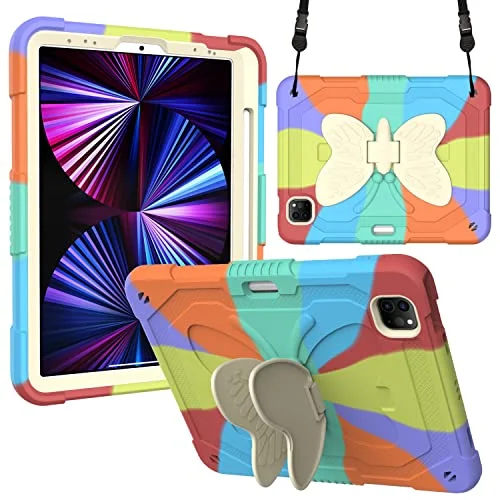 Fodral kompatibelt med iPad Pro 11/iPad Air4 10,9, 3D tung last hårt robust skyddsfodral, tecknade fjärilvingar stativ, stötsäkert silikonskal för barn axelrem färgglad röd 729687174148