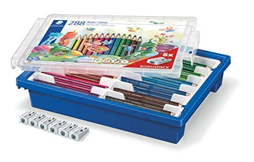 STAEDTLER Färgpenna Noris Colour, ökad brottbeständighet, trekantform, ergonomisk mjuk yta, WOPEX material, set med 288 pennor i 12 färger och 6 pennvässare, klasssats, 187 G288 4007817057476